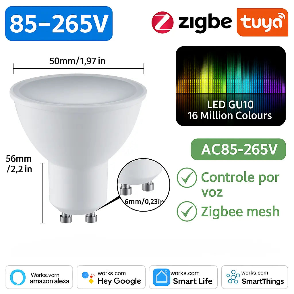 Lâmpada led Inteligente embutir GU10 Wi-Fi/Zigbee – Controle por Voz Alexa/Google