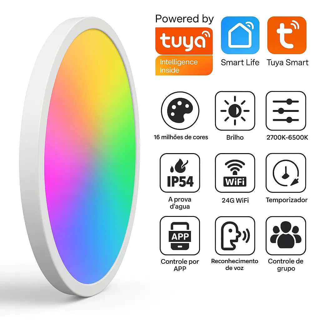 Luminária de Teto LED Smart Wi-Fi RGBCW – Redonda, Dimerizável, TUYA, Alexa e Google
