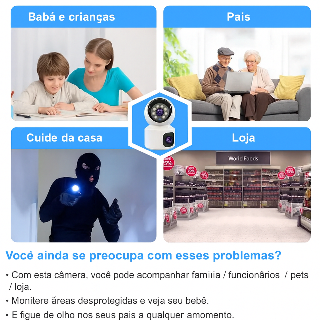 Câmera de Segurança Wi-Fi 8MP com Lente Dupla | Visão 360°, Detecção por IA e Áudio Bidirecional