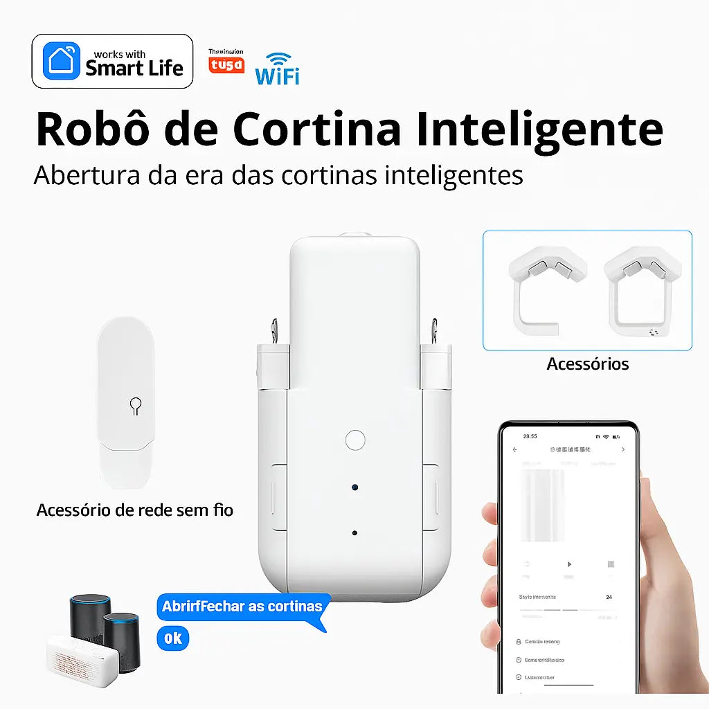 Robô de Cortina Inteligente Tuya Wi-Fi – Controle por App e Voz (Alexa, Google, Siri)