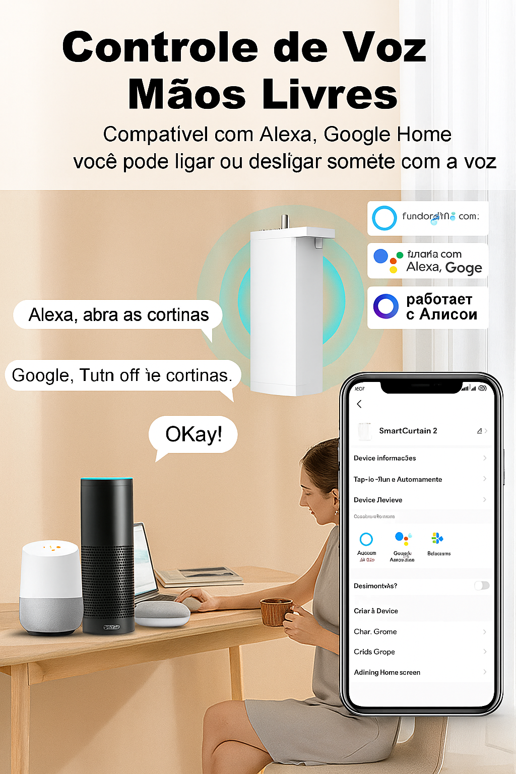 Motor de Cortina Elétrica Tuya 150mm – ZigBee/Wi-Fi Silencioso