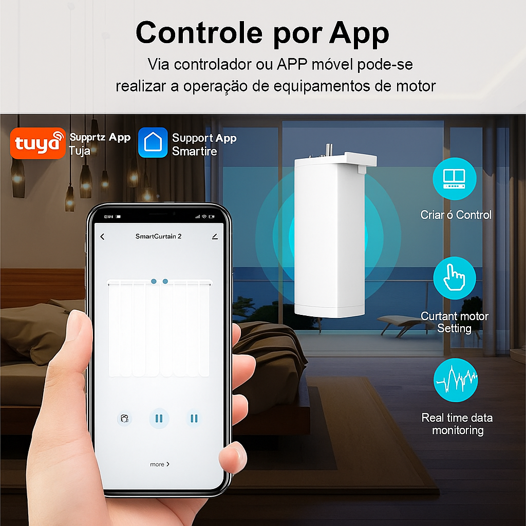 Motor de Cortina Elétrica Tuya 150mm – ZigBee/Wi-Fi Silencioso