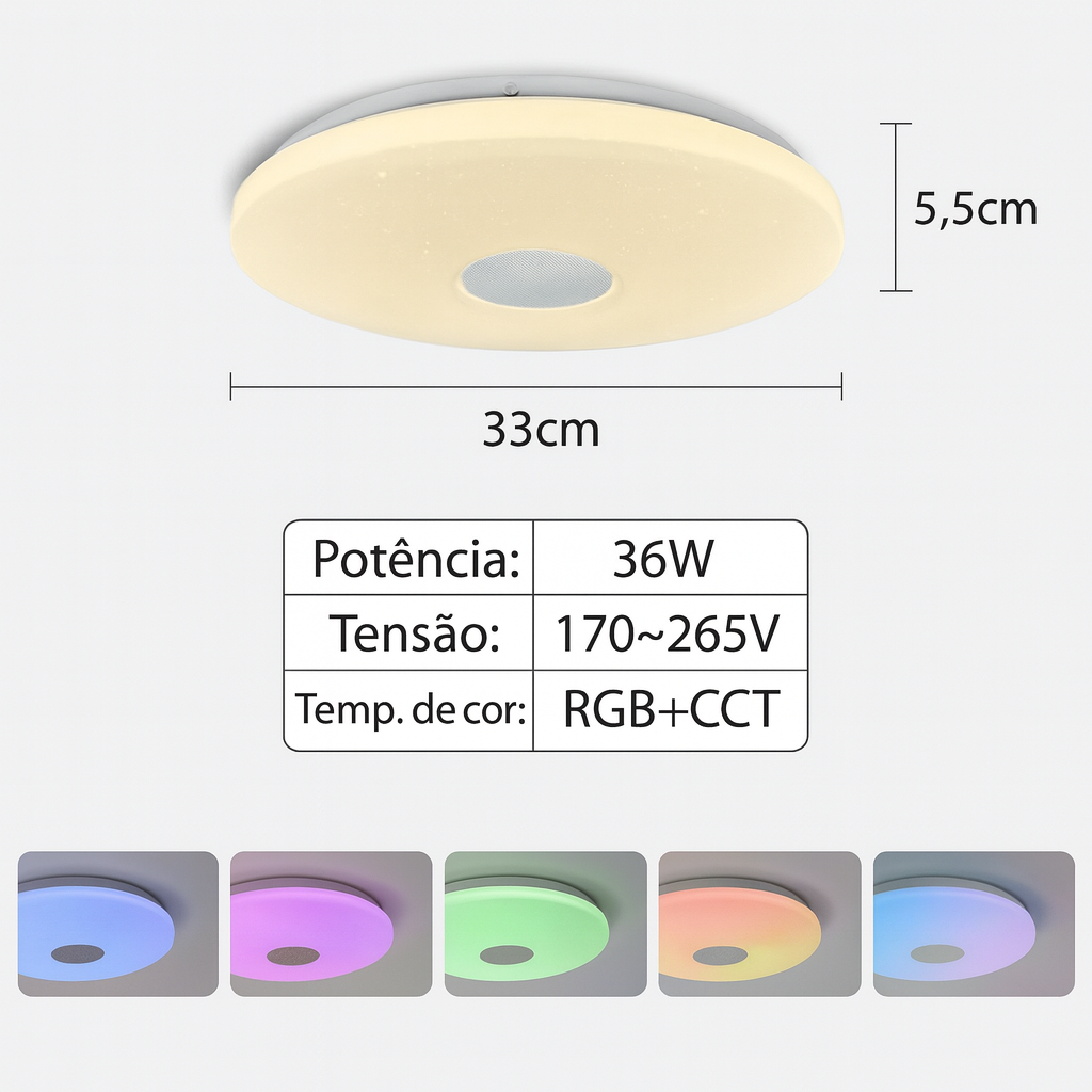 Plafon RGB Smart 36W com Alto-falante | MARPOU XD-1001 Tuya (Bluetooth/Wi-Fi), Dimerizável, Cenas & Música
