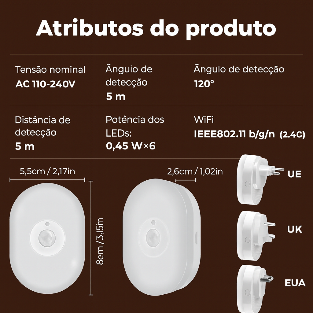 Luz Noturna Inteligente Wi-Fi + BT | Sensor 120° | RGB & Branco Quente | Tuya/Smart Life | Alexa/Google