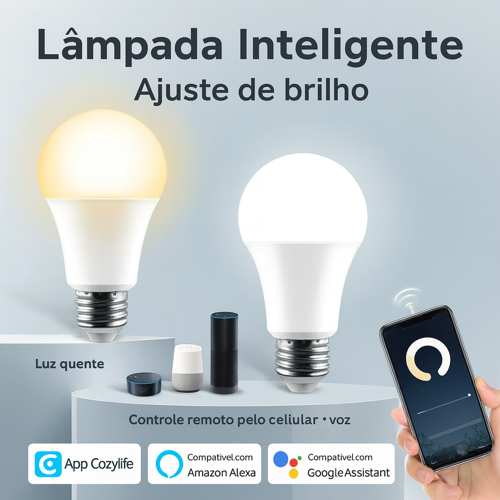 Lâmpada LED Wi-Fi E27 (Cozylife) | 2700K–6500K, Dimerizável | Alexa/Google | 12W/15W/20W
