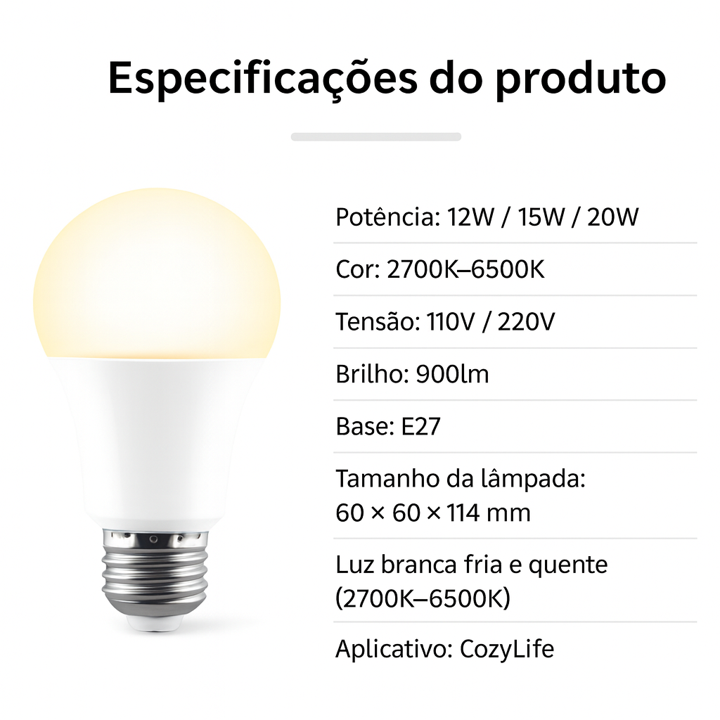Lâmpada LED Wi-Fi E27 (Cozylife) | 2700K–6500K, Dimerizável | Alexa/Google | 12W/15W/20W