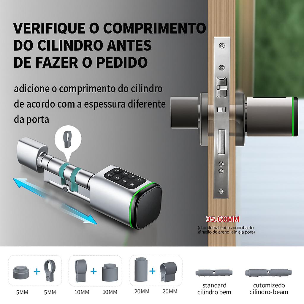 Cilindro de Fechadura Inteligente Tuya BLE com Biometria e Senha – Sem Chave, Suporte M1, Gateway Tuya, Chave Mecânica e Alimentação de Emergência por USB