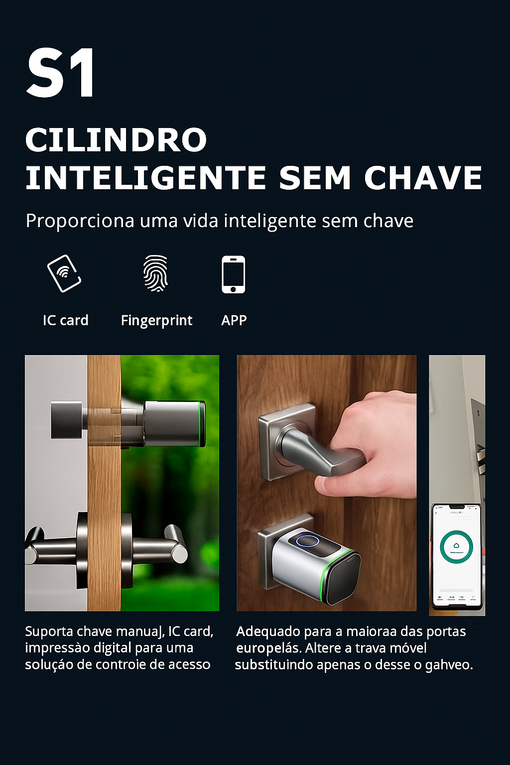 Cilindro de Fechadura Inteligente Tuya BLE com Biometria e Senha – Sem Chave, Suporte M1, Gateway Tuya, Chave Mecânica e Alimentação de Emergência por USB