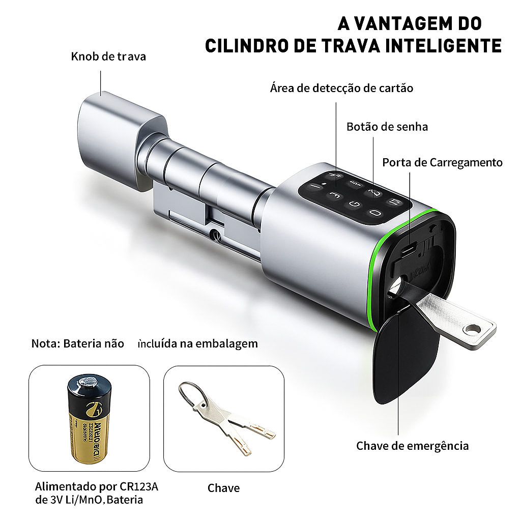 Cilindro de Fechadura Inteligente Tuya BLE com Biometria e Senha – Sem Chave, Suporte M1, Gateway Tuya, Chave Mecânica e Alimentação de Emergência por USB