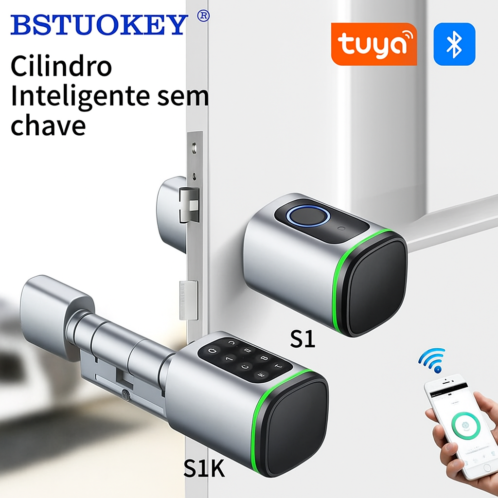 Cilindro de Fechadura Inteligente Tuya BLE com Biometria e Senha – Sem Chave, Suporte M1, Gateway Tuya, Chave Mecânica e Alimentação de Emergência por USB