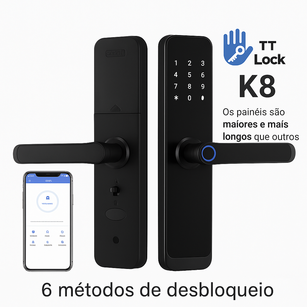 Fechadura Inteligente CDOK K8 Bluetooth com Leitor Biométrico, TTLock, Maçaneta Longa e Controle via App