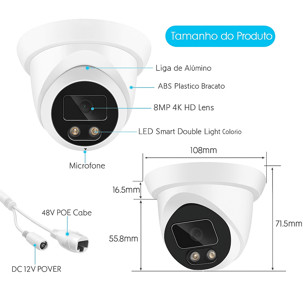 Câmera IP de Segurança ASECAM 8MP – Visão Noturna Colorida, Áudio e Detecção Facial