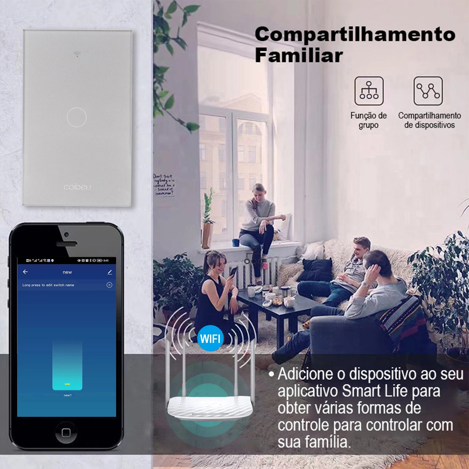 Interruptor Touch Smart Wi-Fi com Tomada USB – Compatível com Alexa, Google e Tuya