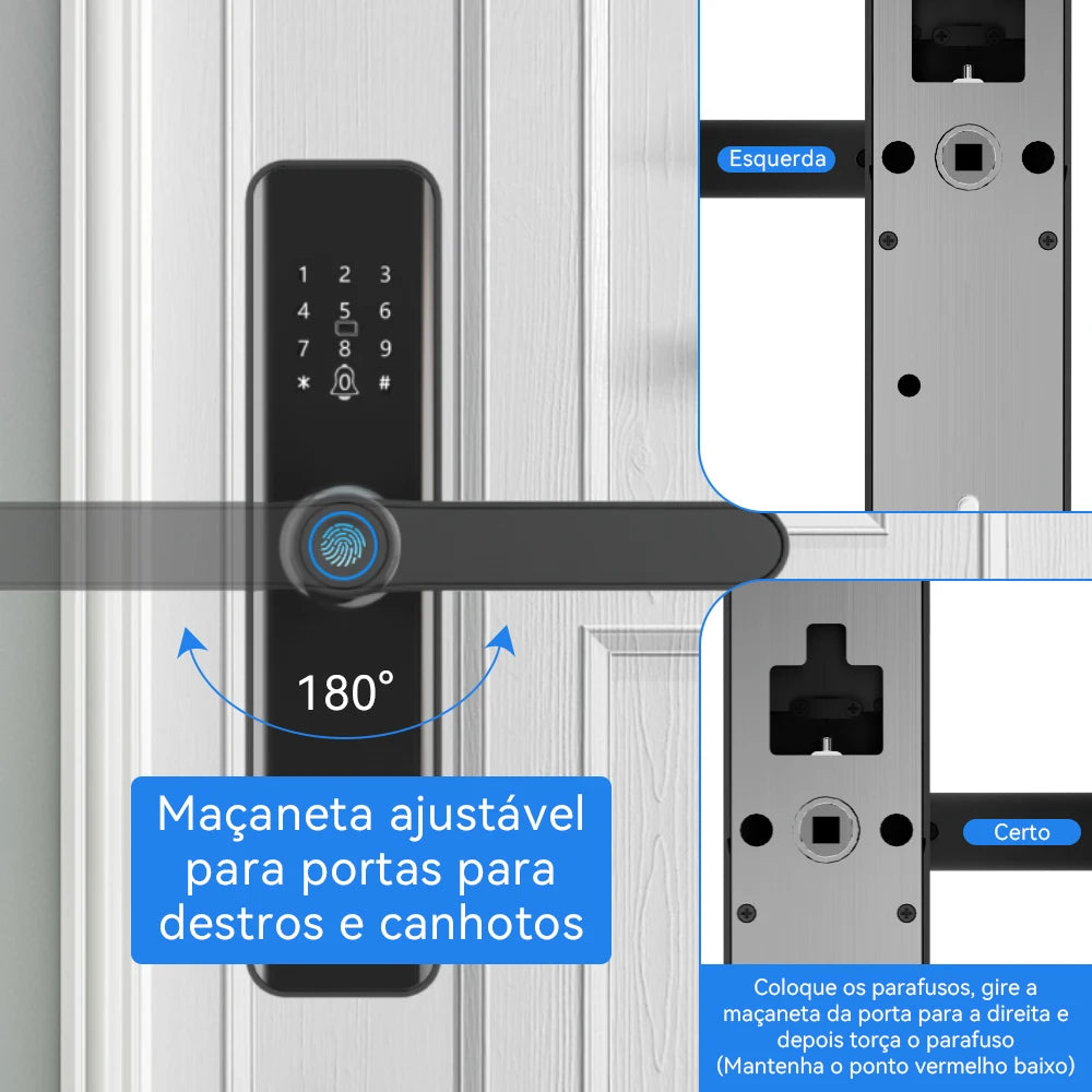 Fechadura Inteligente Tuya IP65 para Porta de Madeira | Biometria, Senha, Cartão e App| Wi-fi