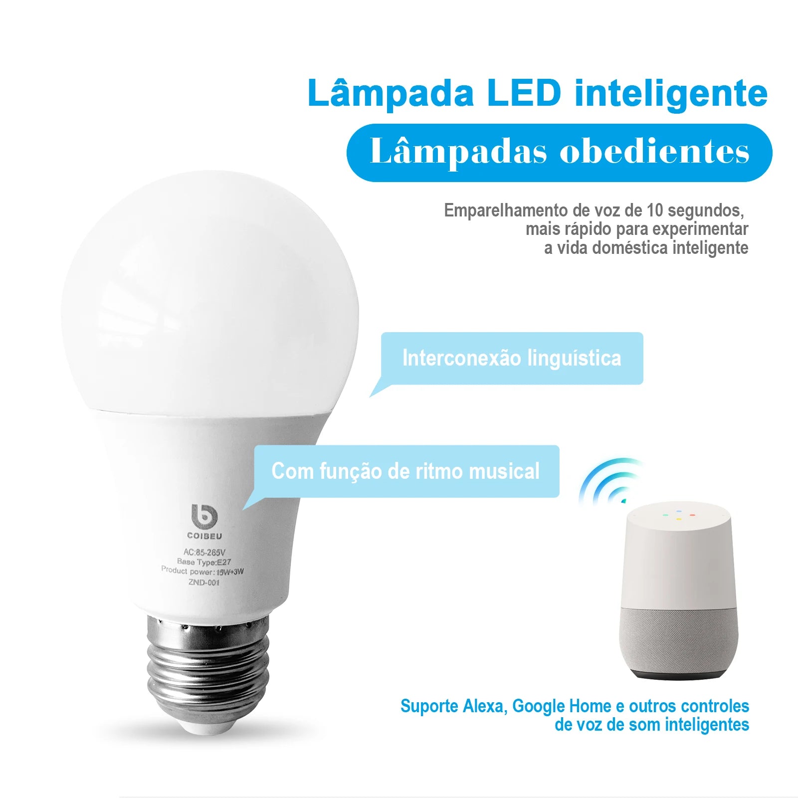 Lâmpada Inteligente Wi-Fi Tuya – Controle por Voz com Alexa e App Smart Life - Caibeu