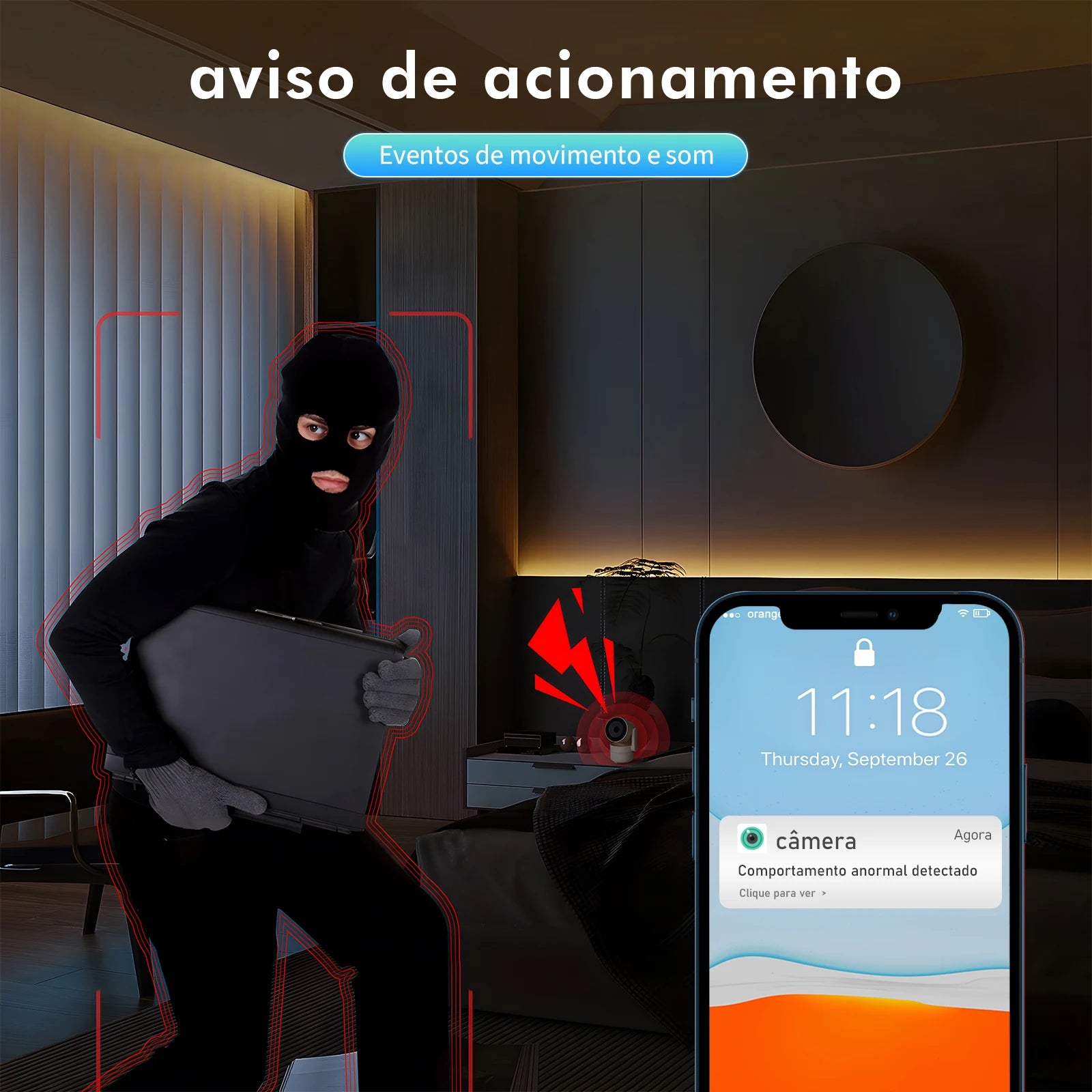 Câmera de Segurança Wi-Fi Inteligente – Mini Câmera Sem Fio com Visão Noturna, Detecção de Movimento e Monitoramento via App