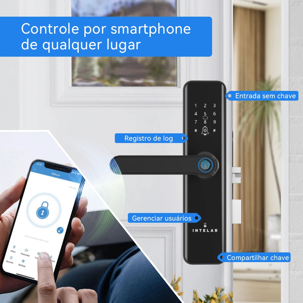 Fechadura Inteligente Tuya IP65 para Porta de Madeira | Biometria, Senha, Cartão e App| Wi-fi