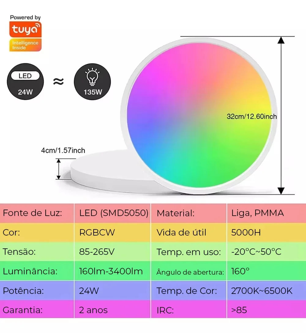 Luminária de Teto LED Smart Wi-Fi RGBCW – Redonda, Dimerizável, TUYA, Alexa e Google