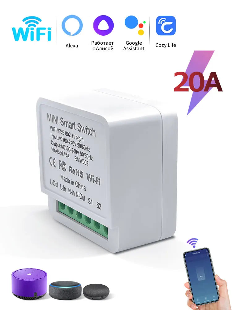 Interruptor Inteligente Wi-Fi Mini 16A/20A – Controle Remoto, Temporizador e Suporte Alexa/Google