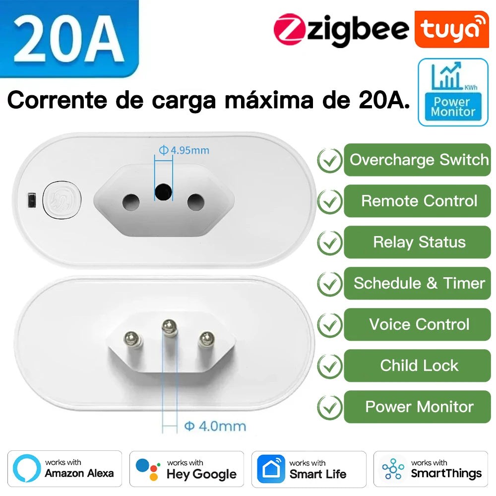 Adaptador Smart TNCE Tuya 16A/20A – Tomada Inteligente com App, Voz, Zigbee ou Wi-Fi