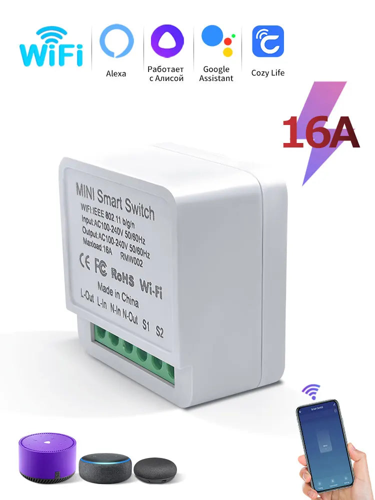 Interruptor Inteligente Wi-Fi Mini 16A/20A – Controle Remoto, Temporizador e Suporte Alexa/Google