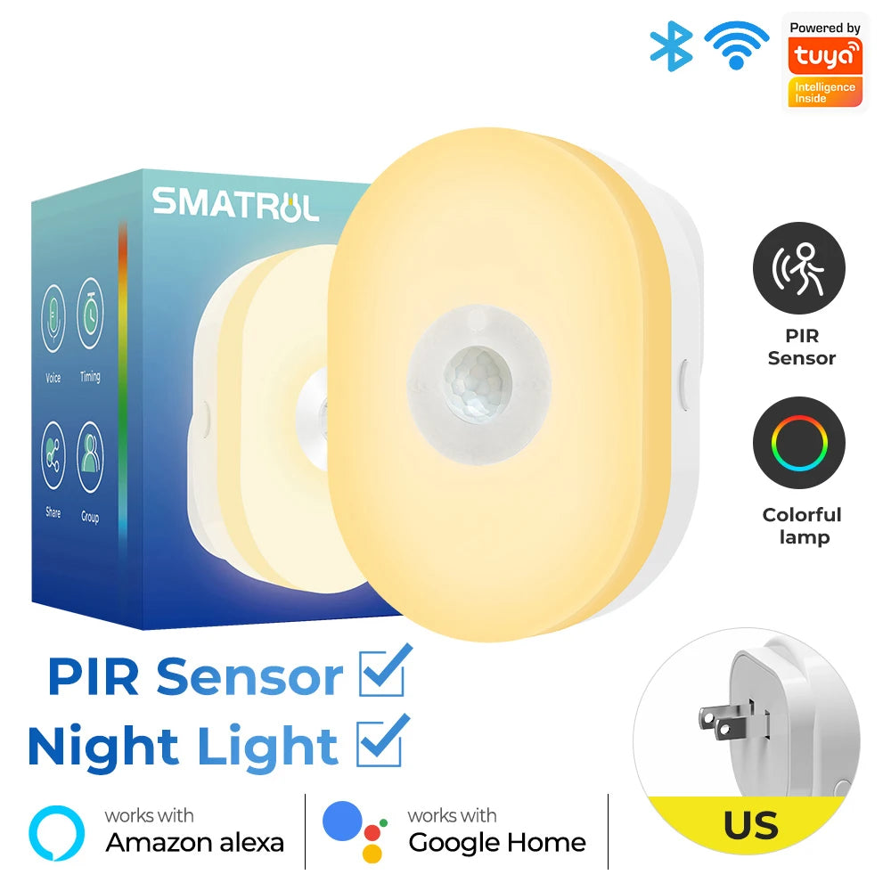 Luz Noturna Inteligente Wi-Fi + BT | Sensor 120° | RGB & Branco Quente | Tuya/Smart Life | Alexa/Google