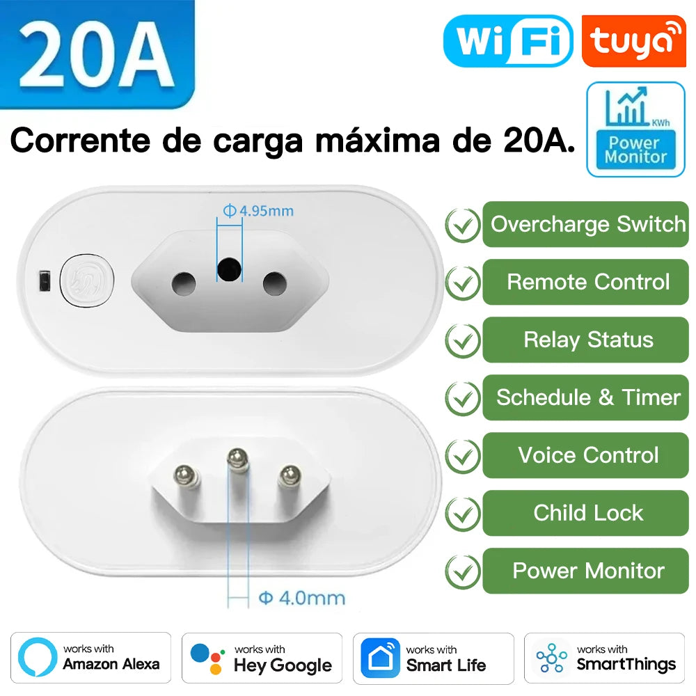 Adaptador Smart TNCE Tuya 16A/20A – Tomada Inteligente com App, Voz, Zigbee ou Wi-Fi