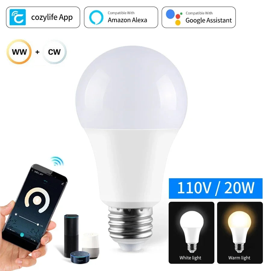 Lâmpada LED Wi-Fi E27 (Cozylife) | 2700K–6500K, Dimerizável | Alexa/Google | 12W/15W/20W