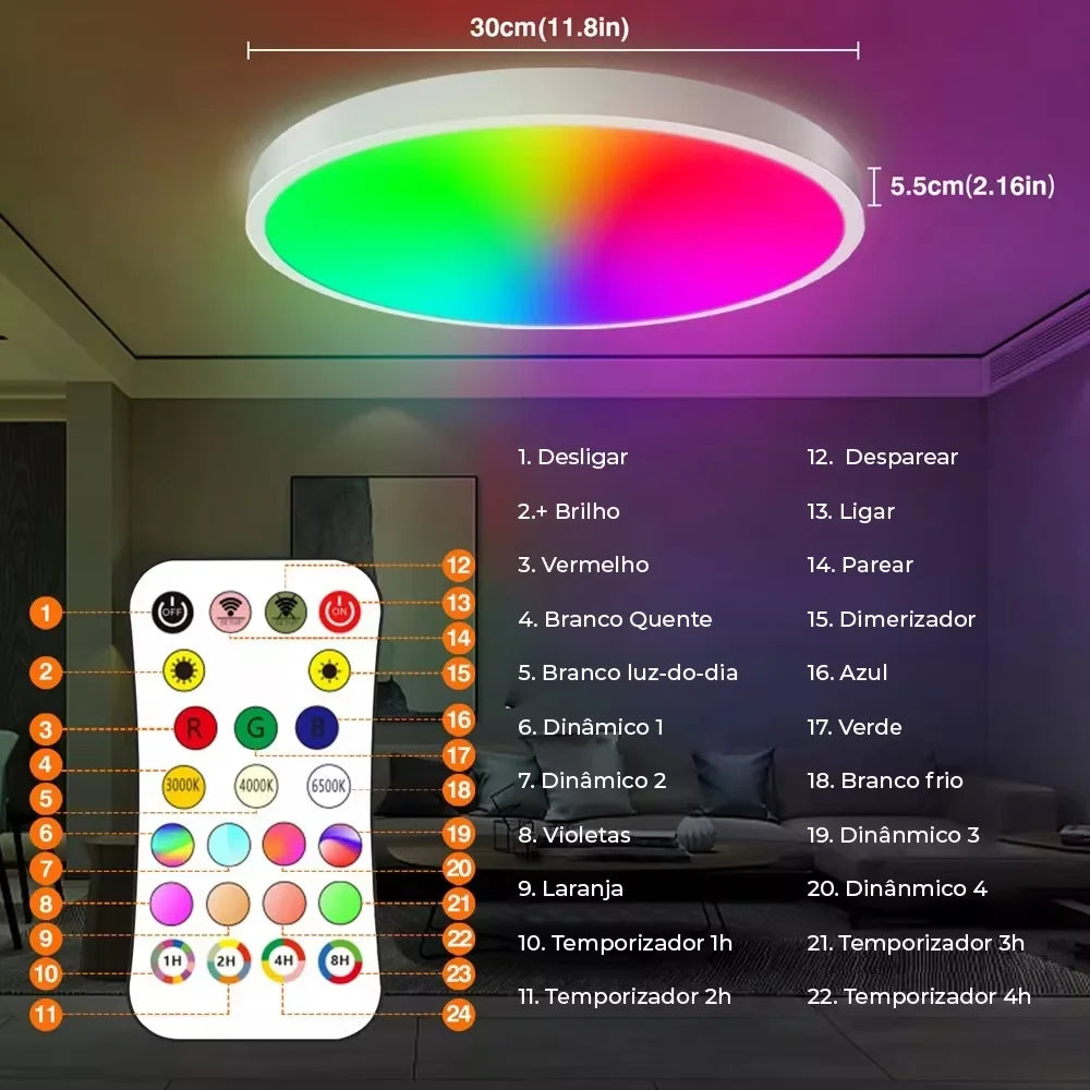 Luminária de Teto LED Smart Wi-Fi RGBCW – Redonda, Dimerizável, TUYA, Alexa e Google