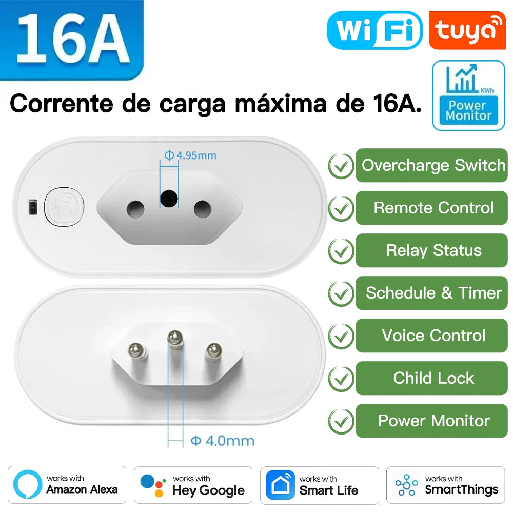 Adaptador Smart TNCE Tuya 16A/20A – Tomada Inteligente com App, Voz, Zigbee ou Wi-Fi