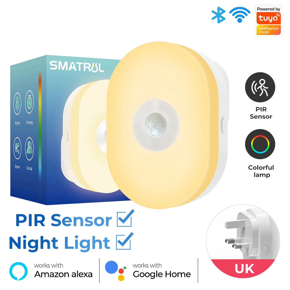 Luz Noturna Inteligente Wi-Fi + BT | Sensor 120° | RGB & Branco Quente | Tuya/Smart Life | Alexa/Google