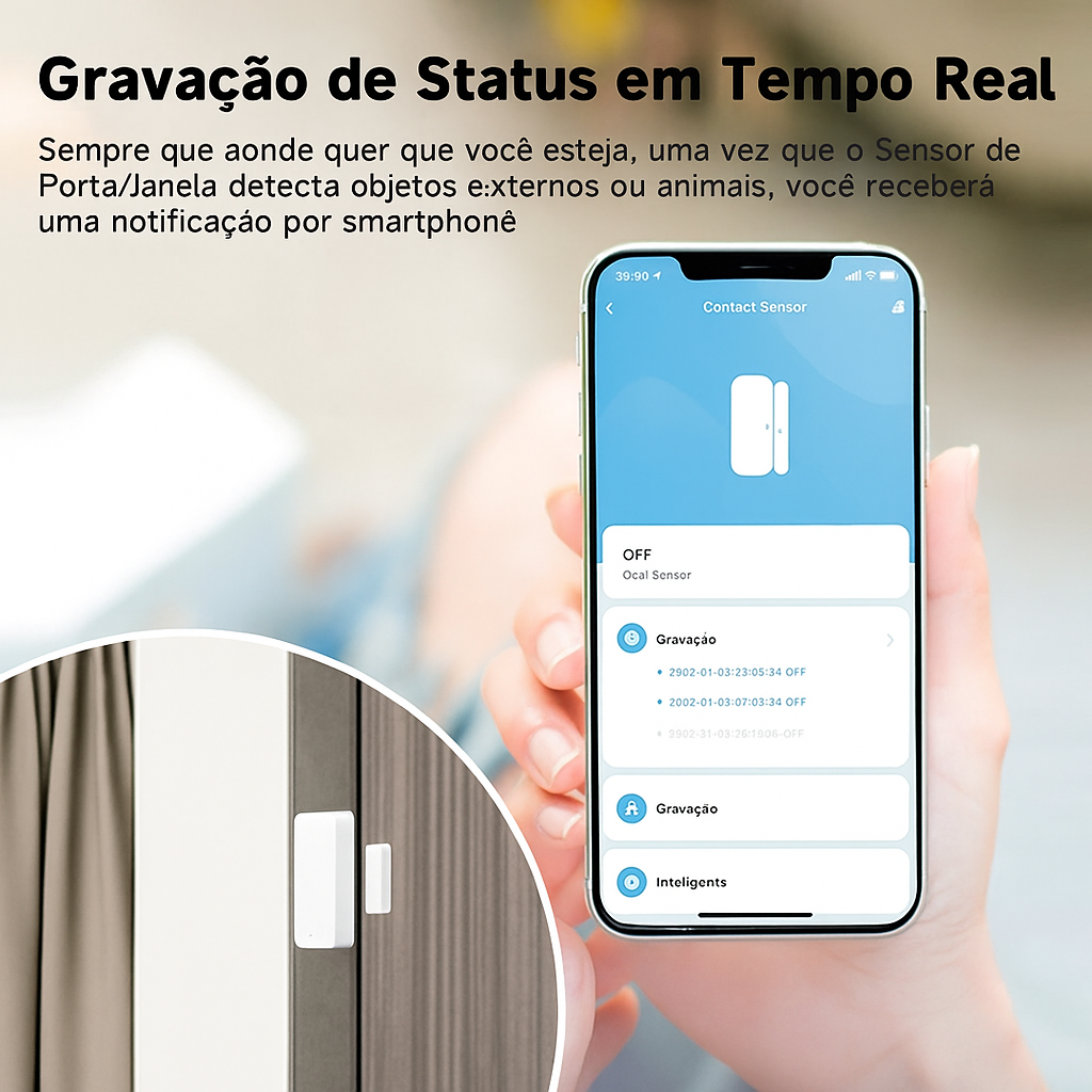 Sensor de Porta e Janela Tuya Wi-Fi/ZigBee – Alarme Inteligente de Abertura e Fechamento