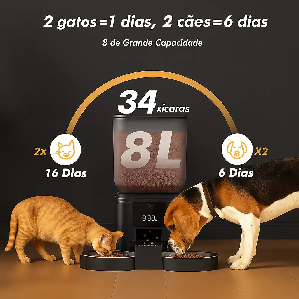 Alimentador Automático de Ração 8L para Gatos e Cães – Programável, Silencioso e Fácil de Usar