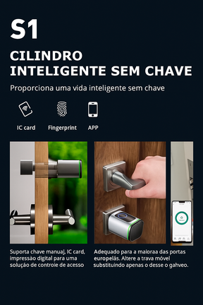 Cilindro de Fechadura Inteligente Tuya BLE com Biometria e Senha – Sem Chave, Suporte M1, Gateway Tuya, Chave Mecânica e Alimentação de Emergência por USB