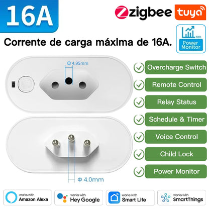 Adaptador Smart TNCE Tuya 16A/20A – Tomada Inteligente com App, Voz, Zigbee ou Wi-Fi