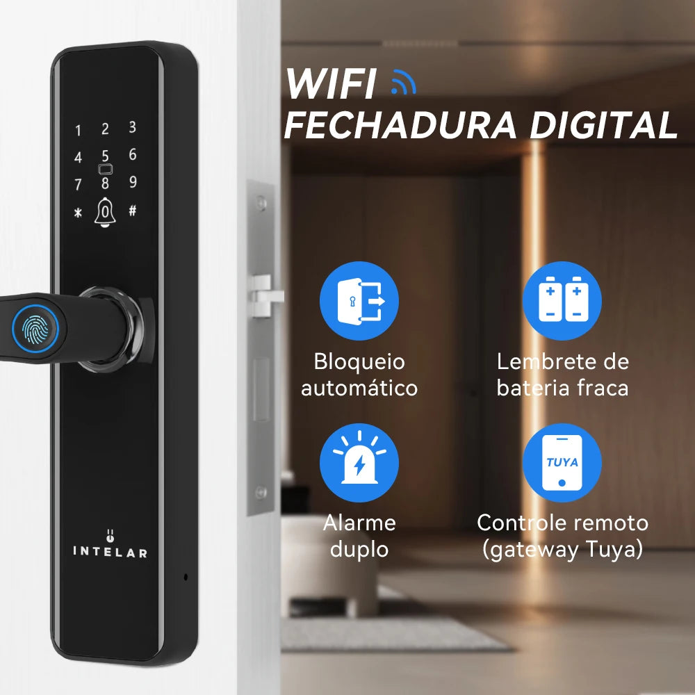 Fechadura Inteligente com Biometria, Senha, Cartão e App À Prova d’Água Bateria 6V Compatível com Tuya Smart