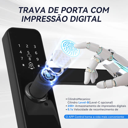 Fechadura Inteligente com Biometria, Senha, Cartão e App À Prova d’Água Bateria 6V Compatível com Tuya Smart